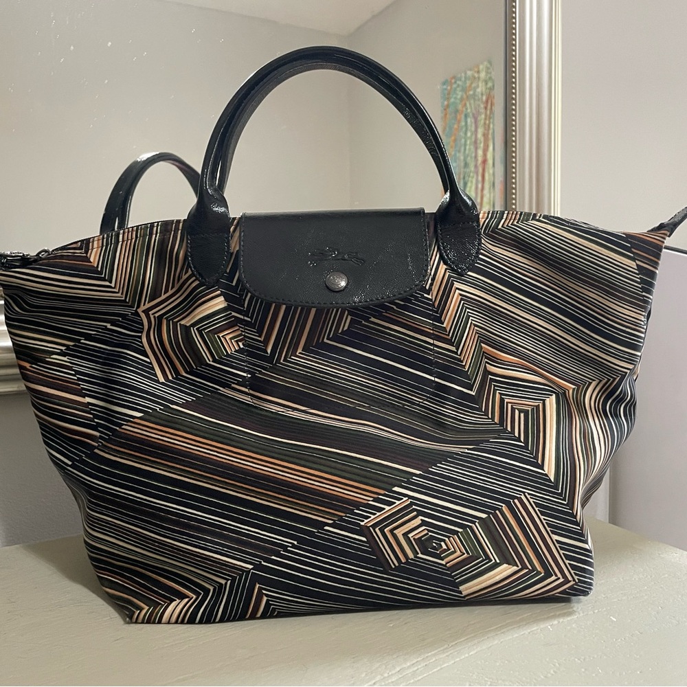 Longchamp Le Pliage Cuir stripe Medium